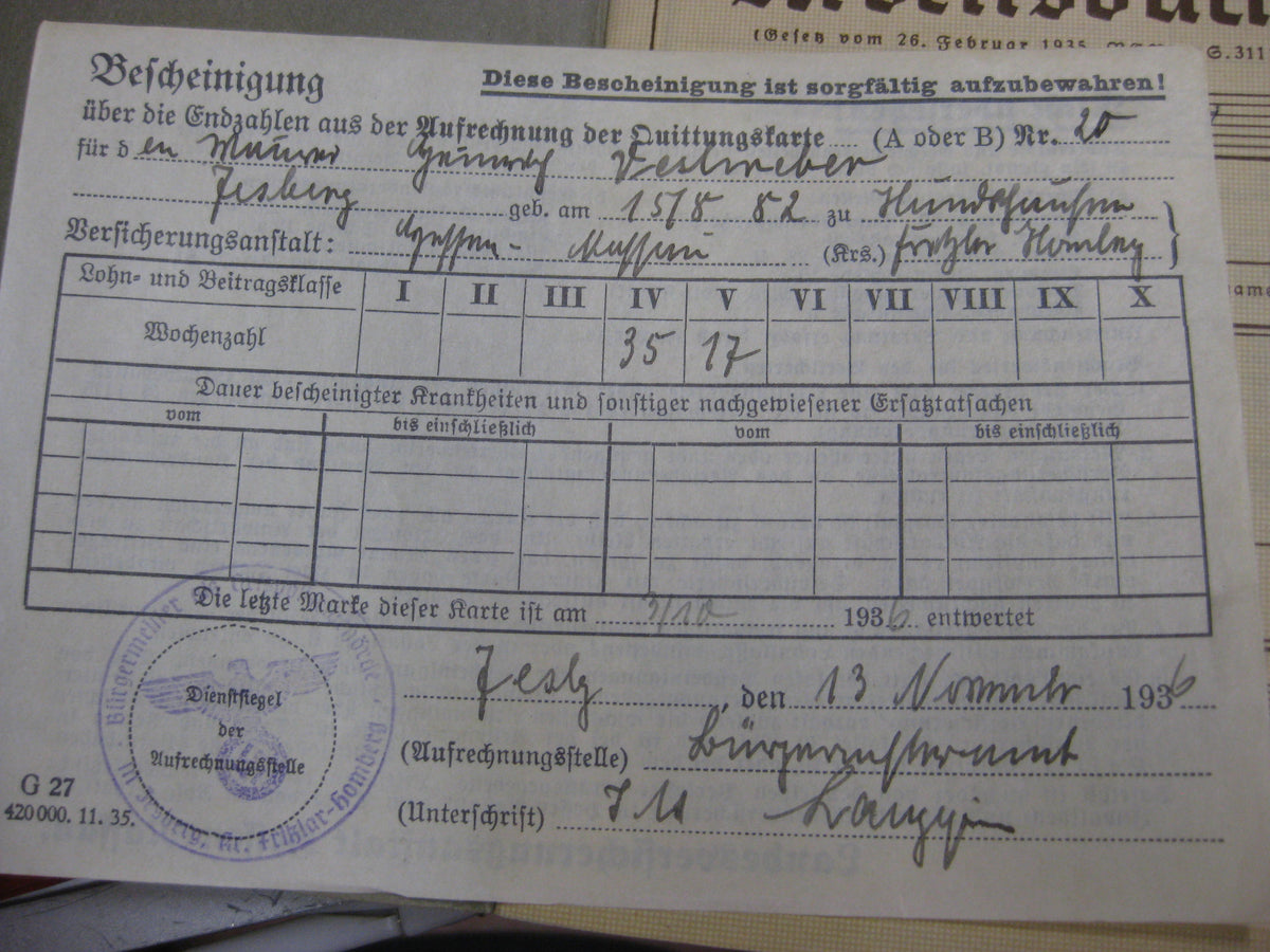 Führungszeugnis Urkunde 3.Reich Kaiserreich kurhessisches Infanterie Regiment Nr.82 Arbeitsbuch Mitgliedsbuch NSDAP