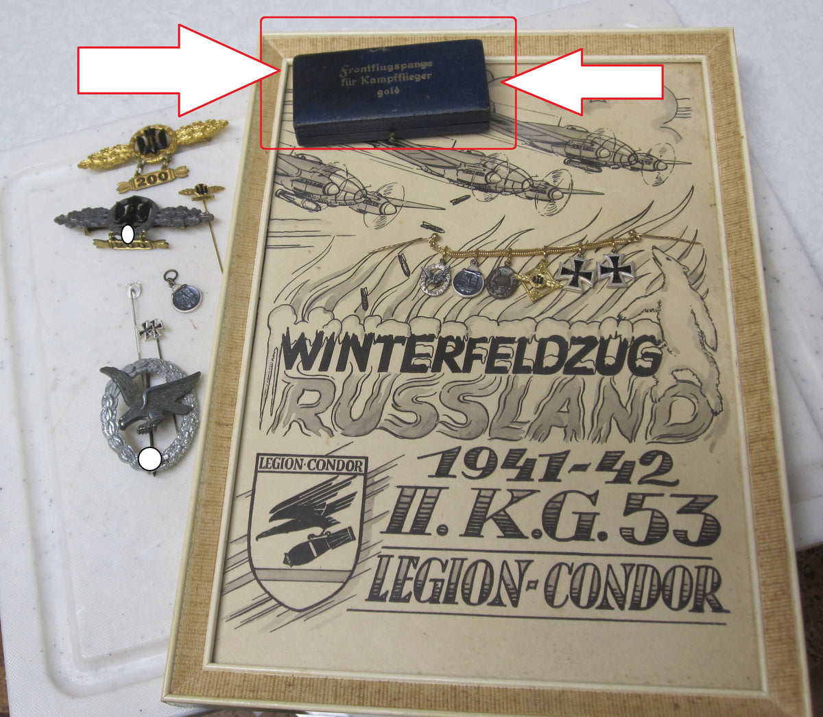 Frontflugspange für Kampfflieger in GOLD BUNTMETALL im ETUI