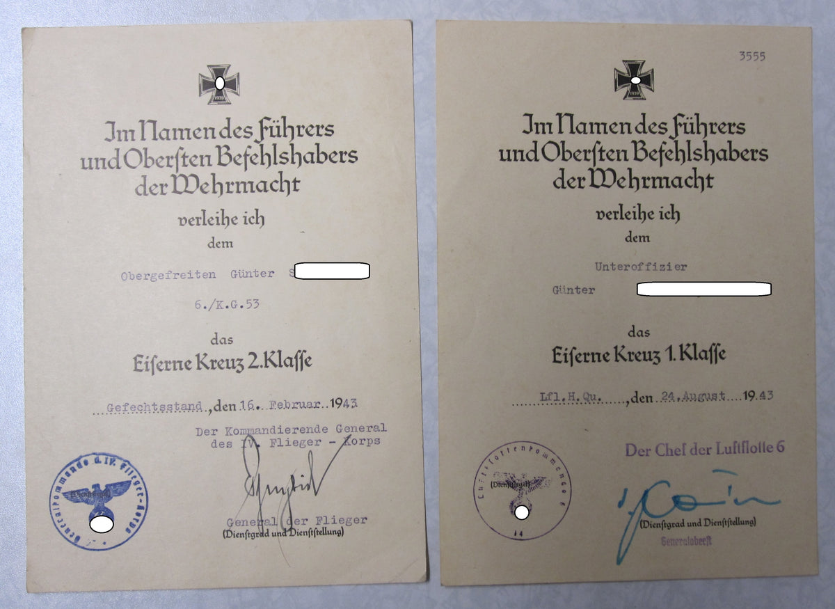 Flugbuch Verleihungsurkunden Besitzzeugnisse Dokumente für Kampfflieger KG53 LEGION CONDOR