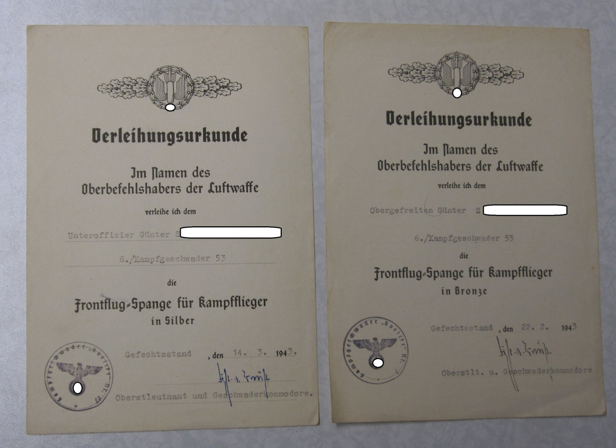 Flugbuch Verleihungsurkunden Besitzzeugnisse Dokumente für Kampfflieger KG53 LEGION CONDOR