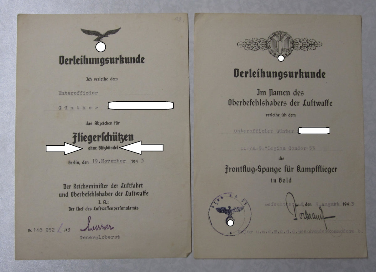 Flugbuch Verleihungsurkunden Besitzzeugnisse Dokumente für Kampfflieger KG53 LEGION CONDOR