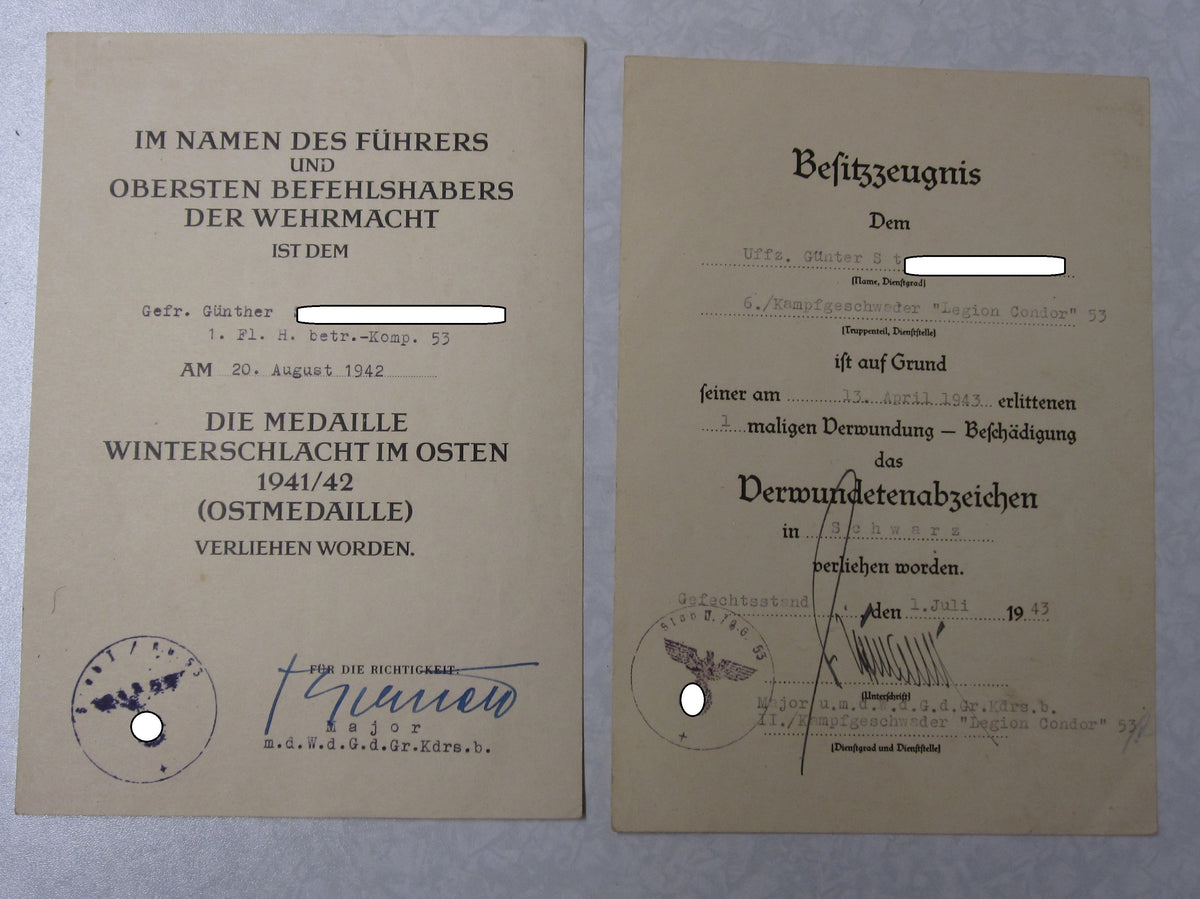 Flugbuch Verleihungsurkunden Besitzzeugnisse Dokumente für Kampfflieger KG53 LEGION CONDOR
