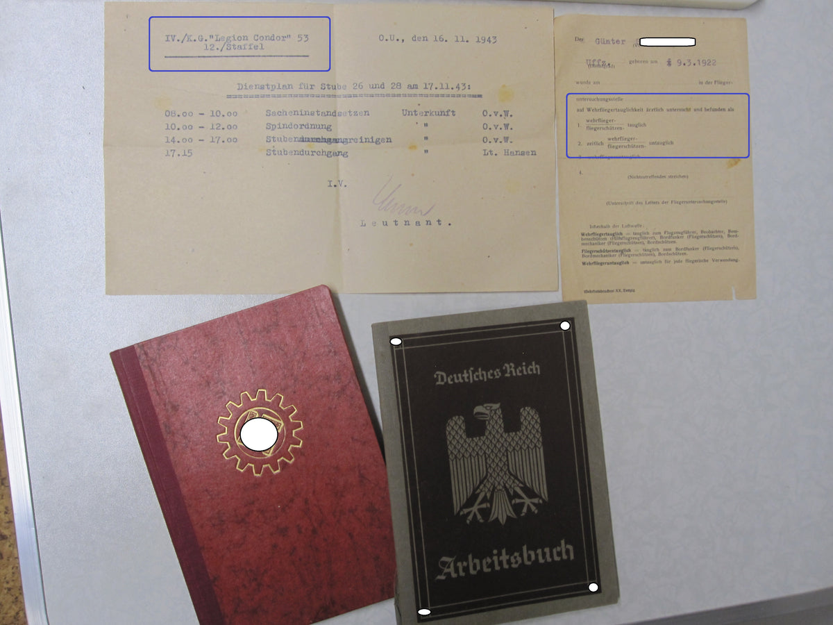 Flugbuch Verleihungsurkunden Besitzzeugnisse Dokumente für Kampfflieger KG53 LEGION CONDOR
