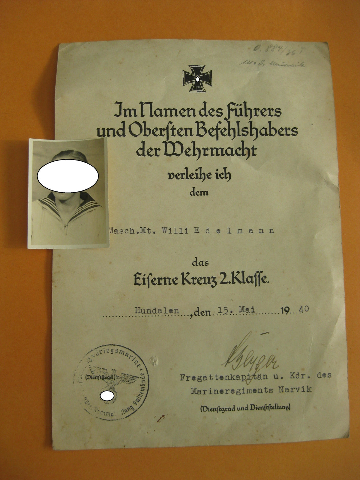 Verleihungsurkunde Eisernes Kreuz 2.Klasse Kriegsmarine NORWEGEN NARVIK Hundalen !!!!