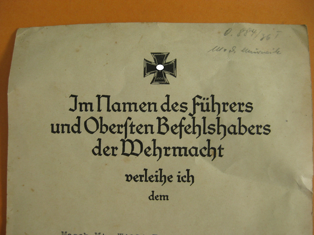 Verleihungsurkunde Eisernes Kreuz 2.Klasse Kriegsmarine NORWEGEN NARVIK Hundalen !!!!