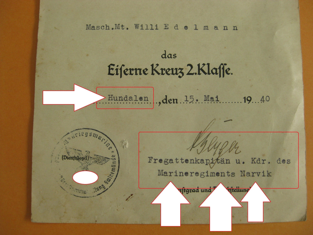 Verleihungsurkunde Eisernes Kreuz 2.Klasse Kriegsmarine NORWEGEN NARVIK Hundalen !!!!
