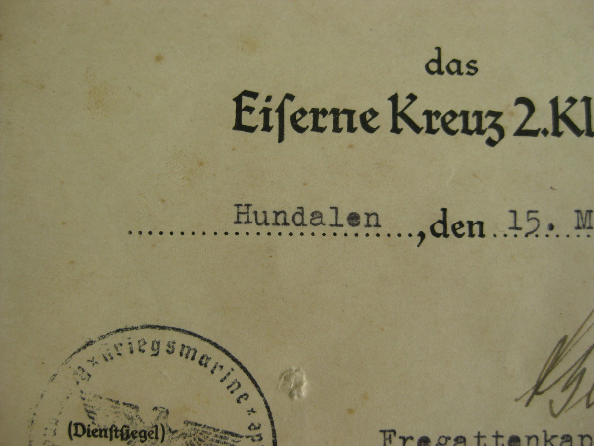 Verleihungsurkunde Eisernes Kreuz 2.Klasse Kriegsmarine NORWEGEN NARVIK Hundalen !!!!