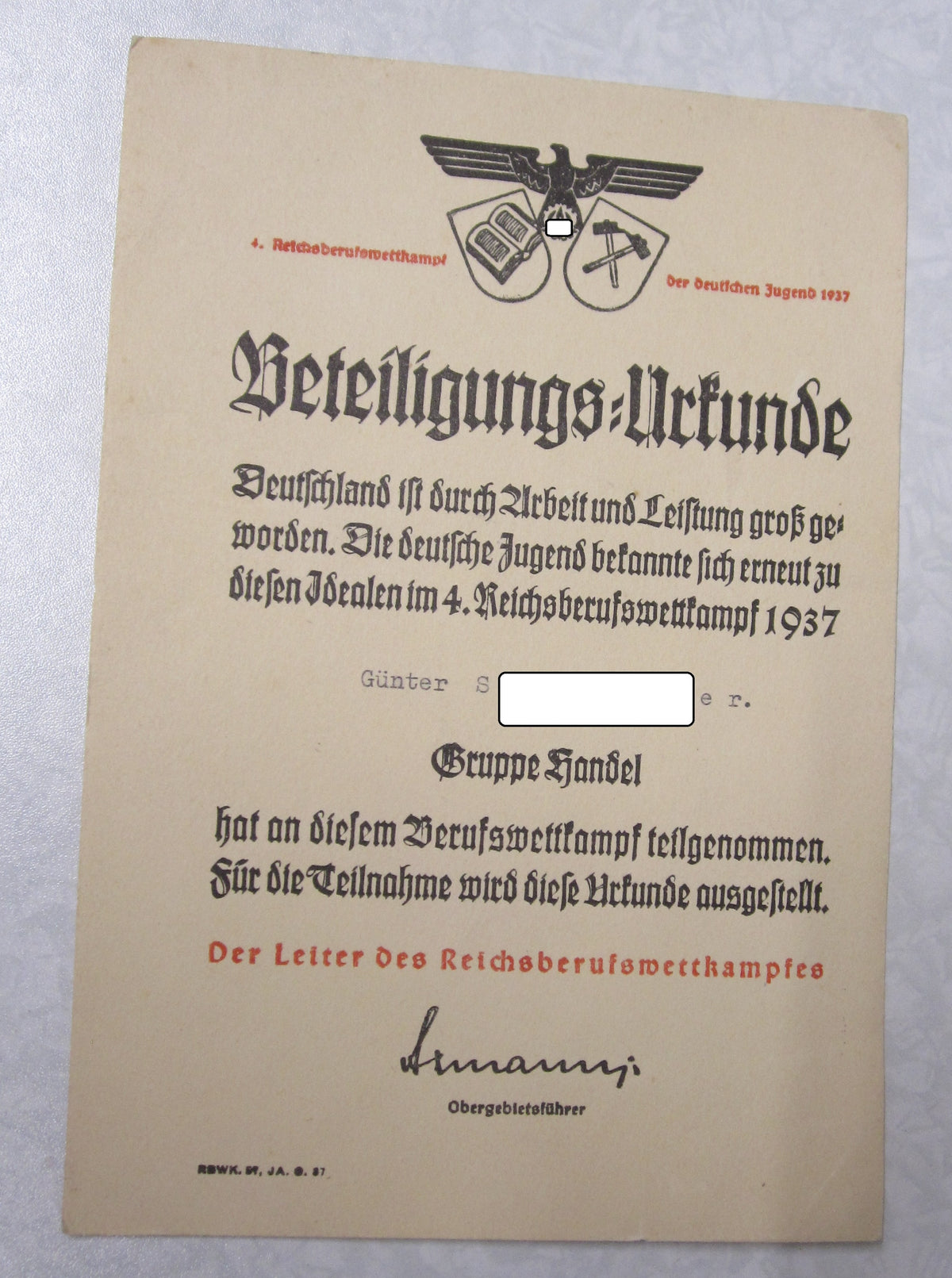 4. Reichsberufswettkampf 1937 Hitlerjugend HJ