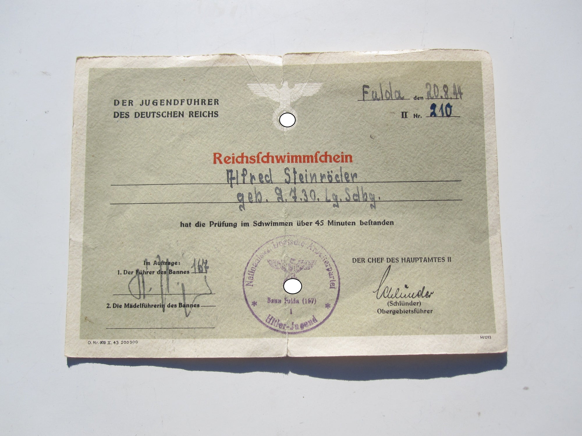 Urkunde Hitlerjugend (HJ / JM) Reichsschwimmschein Fulda / Hessen