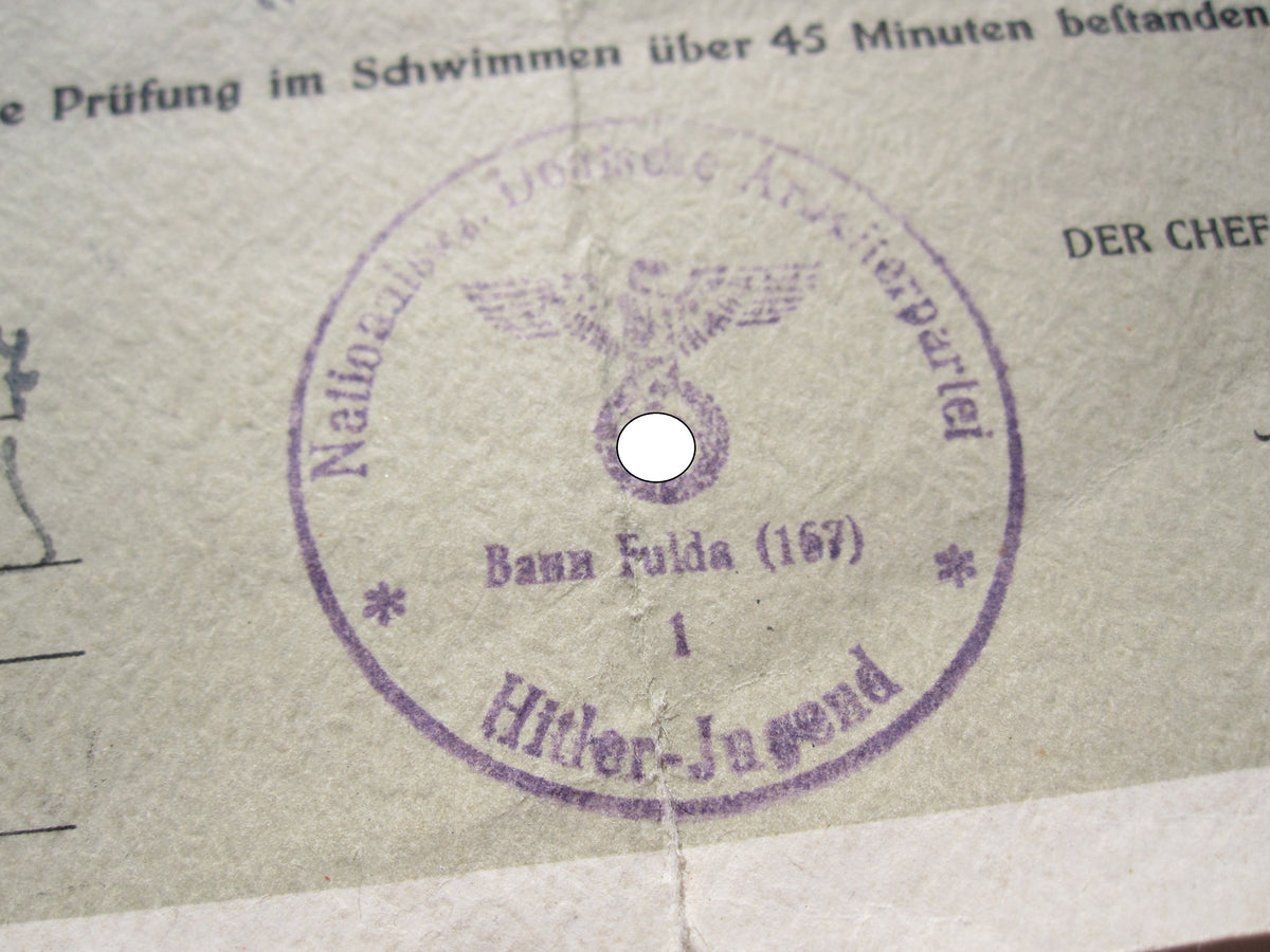 Urkunde Hitlerjugend (HJ / JM) Reichsschwimmschein Fulda / Hessen