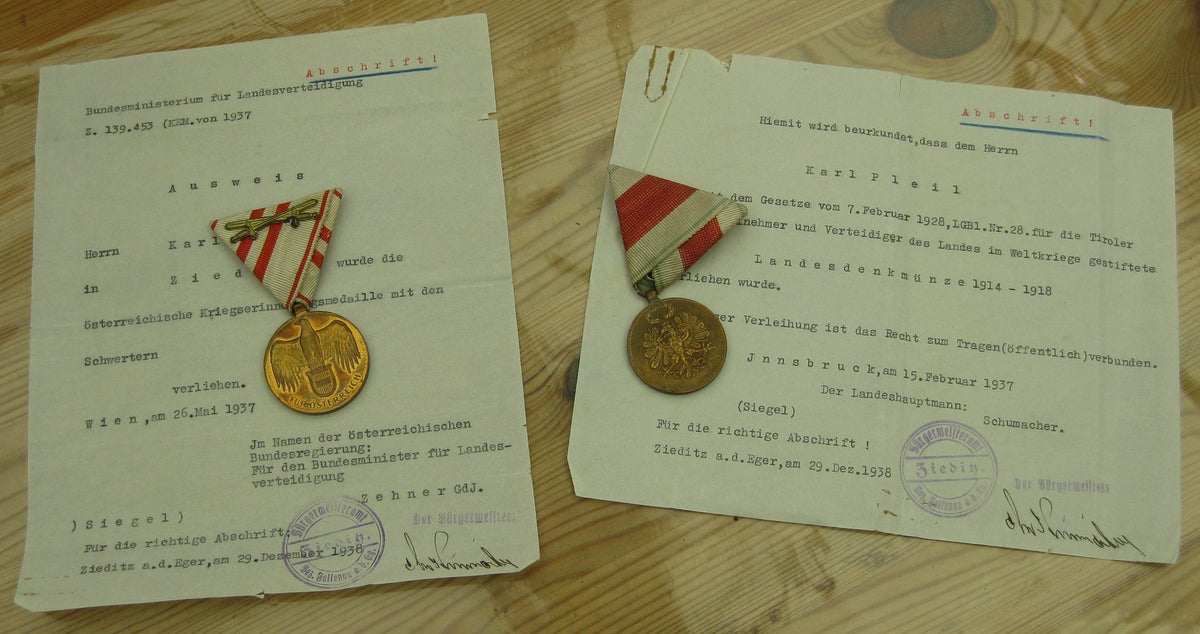 Österreich 1.Weltkrieg Tiroler Erinnerungsmedaille Verleihungsurkunden Kriegsmedaille 1914 - 1918