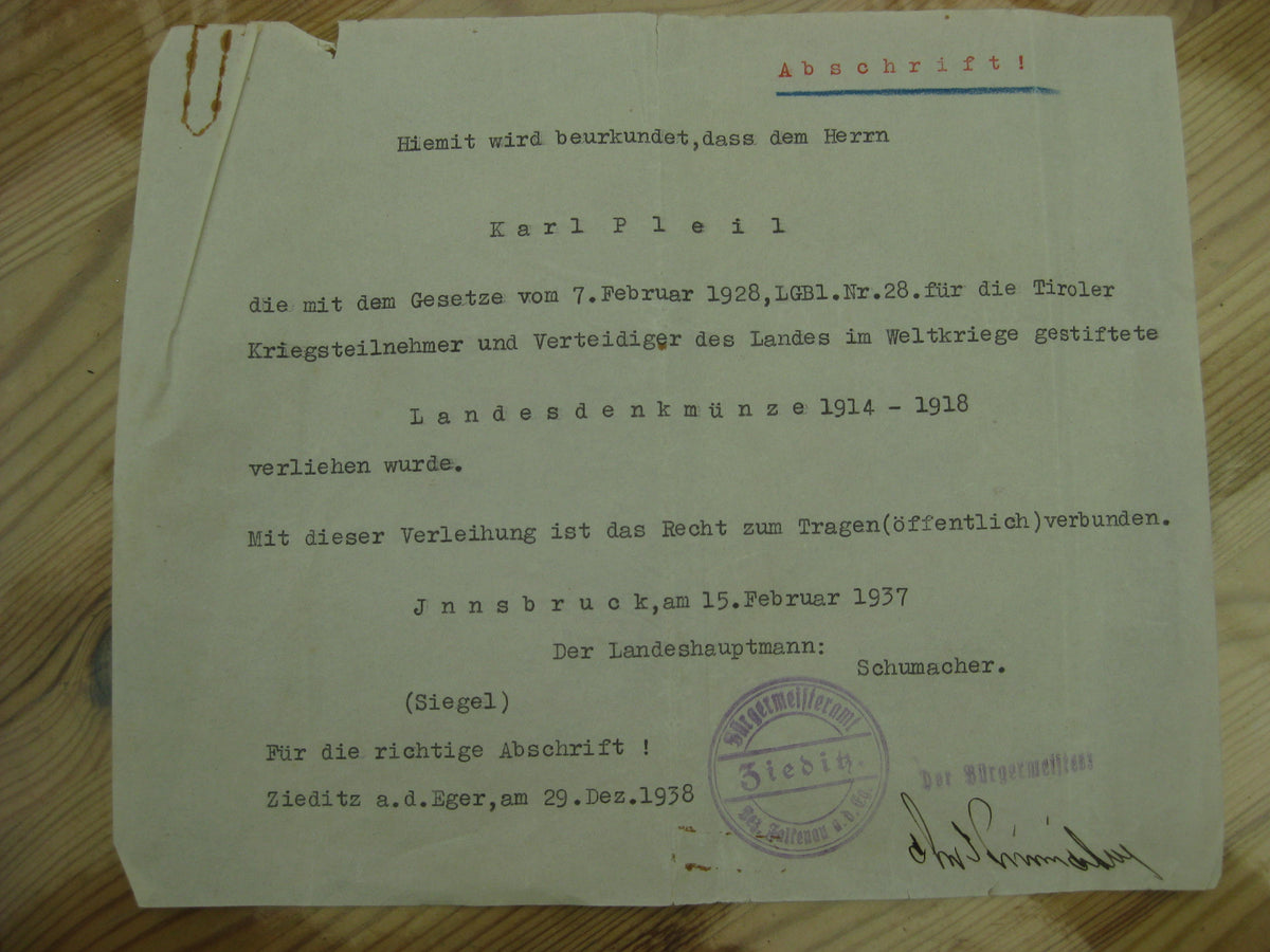 Österreich 1.Weltkrieg Tiroler Erinnerungsmedaille Verleihungsurkunden Kriegsmedaille 1914 - 1918