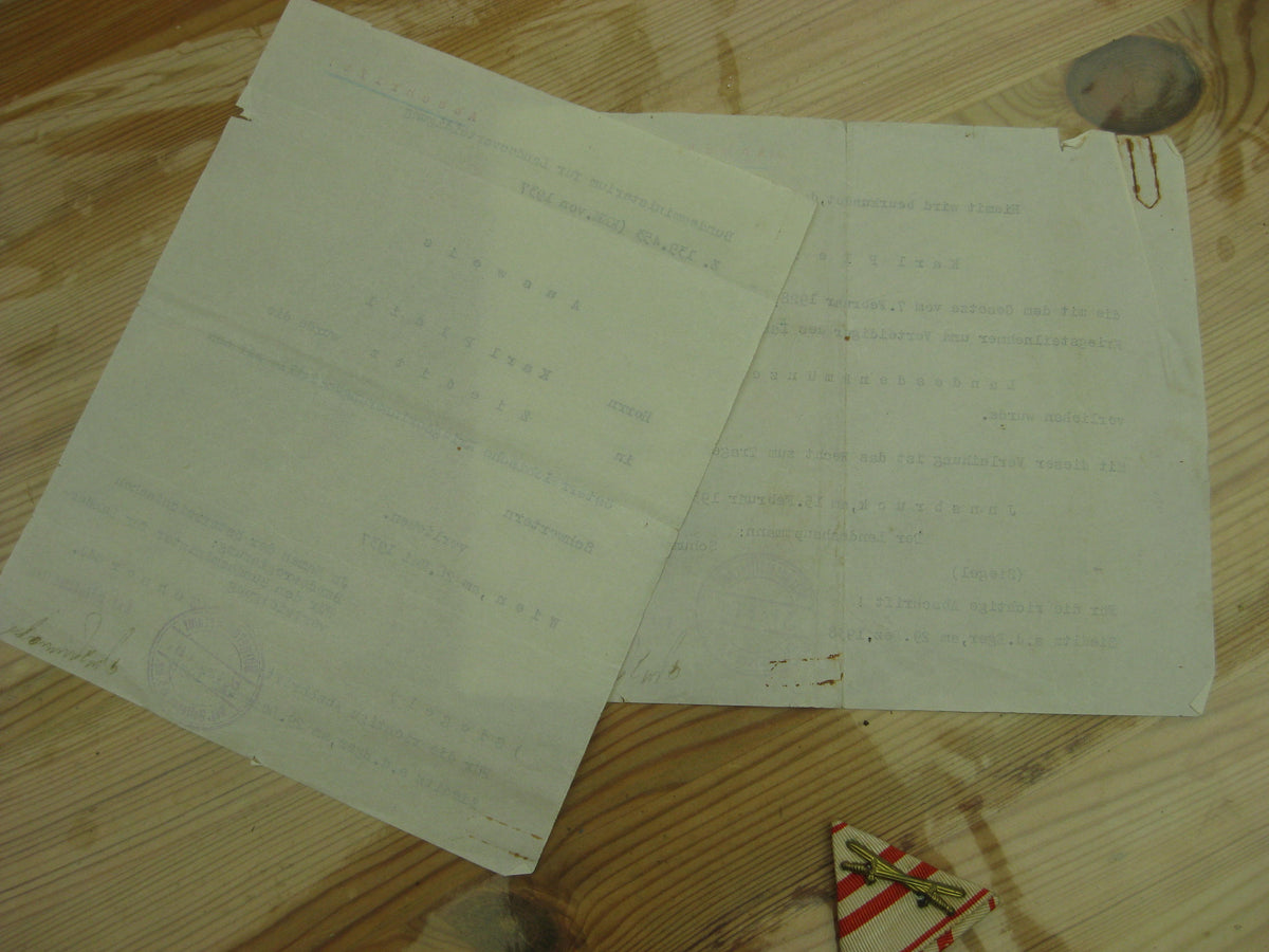 Österreich 1.Weltkrieg Tiroler Erinnerungsmedaille Verleihungsurkunden Kriegsmedaille 1914 - 1918