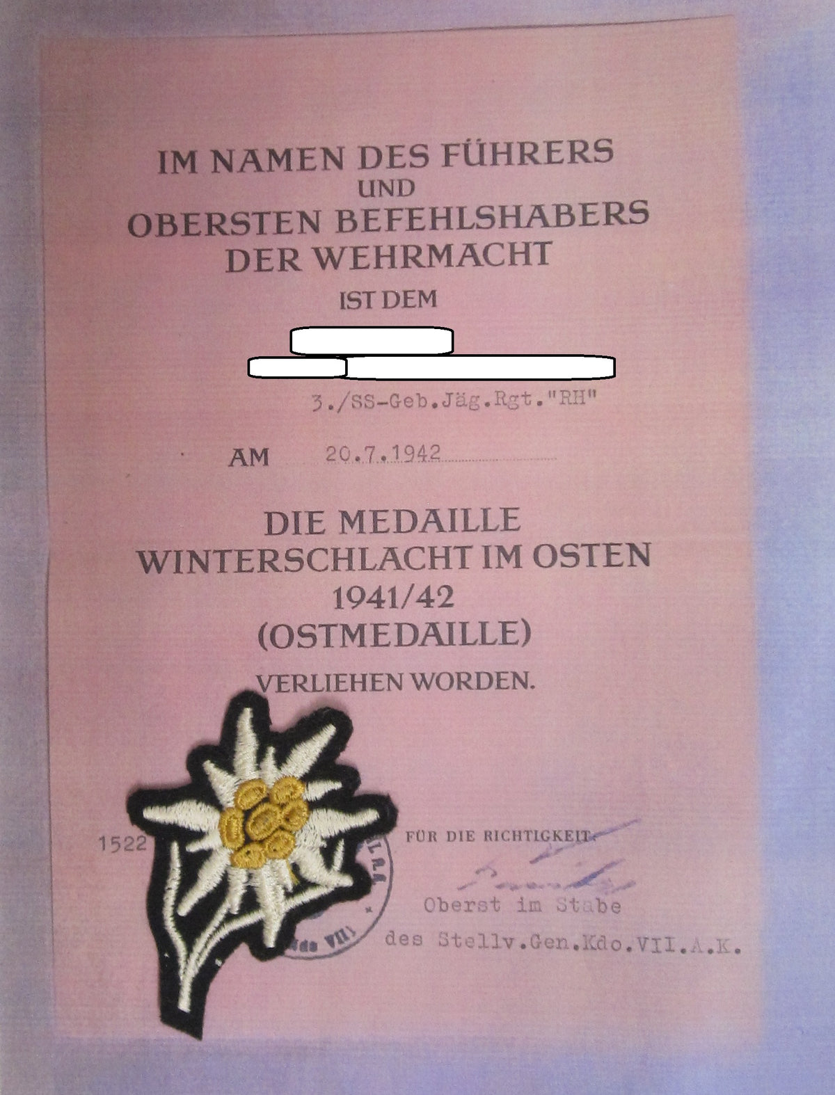 ORIGINALES  SS - Edelweiss für die Bergmütze SS-Gebirgsjäger Effekten der Schutzstaffel