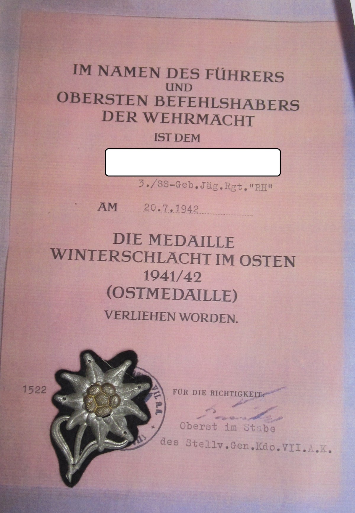 ORIGINALES  SS - Edelweiss für die Bergmütze SS-Gebirgsjäger Effekten der Schutzstaffel 1000% alt und ORIGINAL