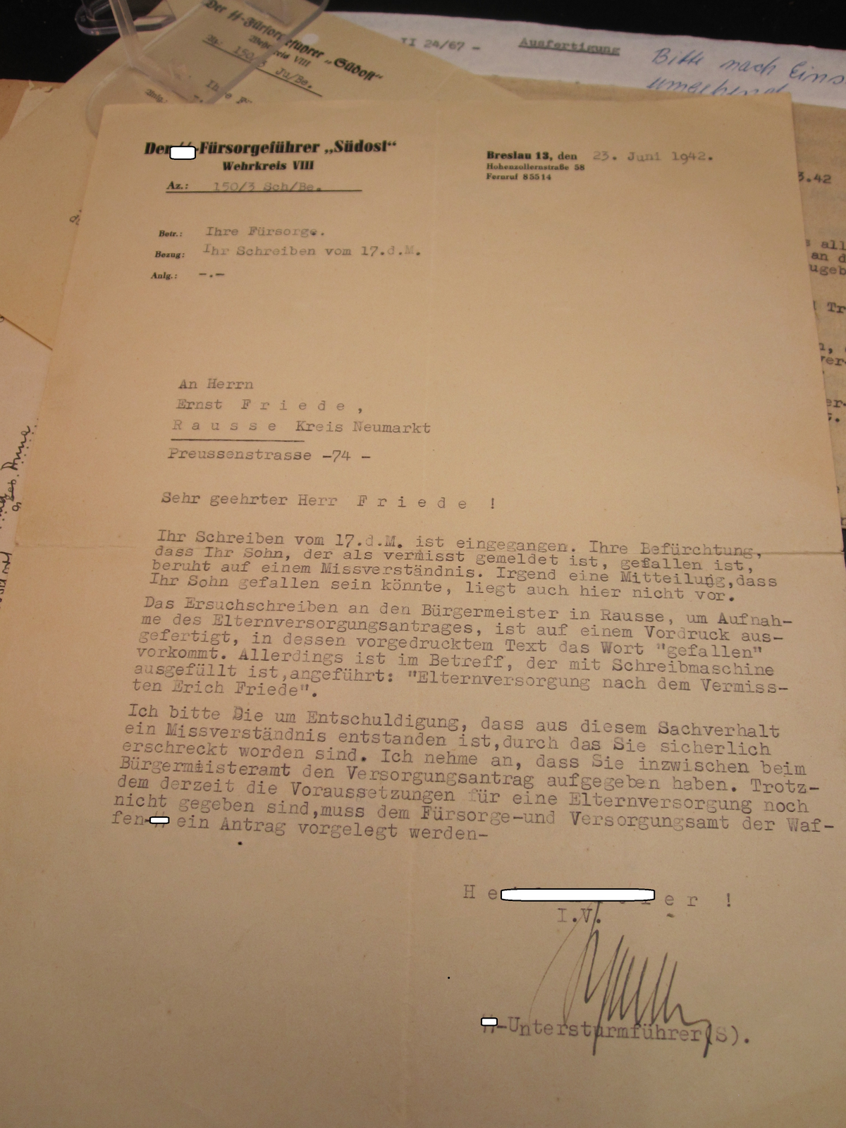 Urkunde Waffen-SS Fürsorgeführer SÜDOST