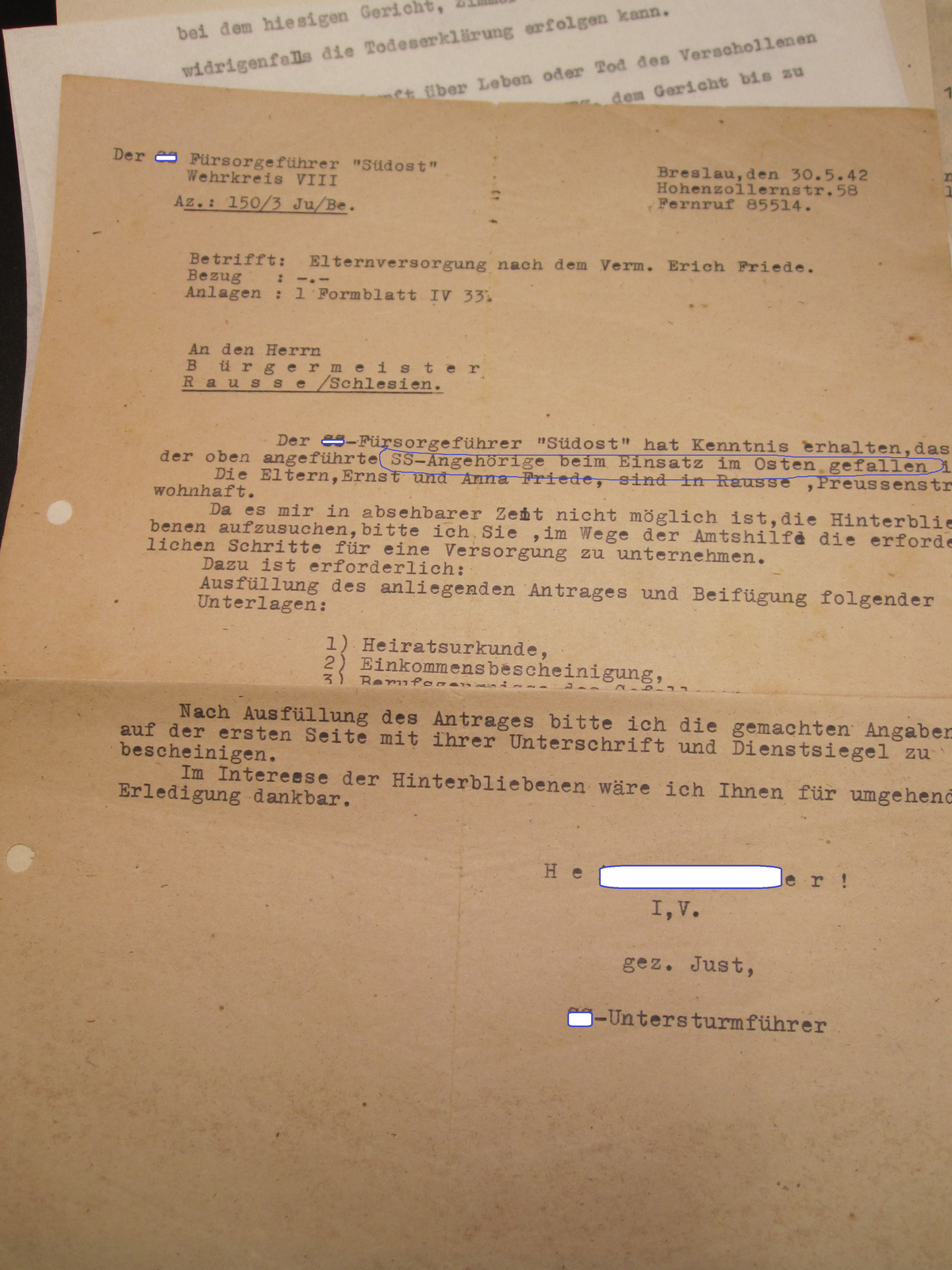 Urkunde Waffen-SS Fürsorgeführer SÜDOST