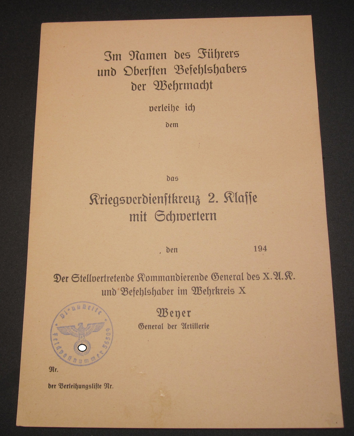 BLANKO - Urkunde Kriegsverdienstkreuz 2.Klasse mit Schwertern