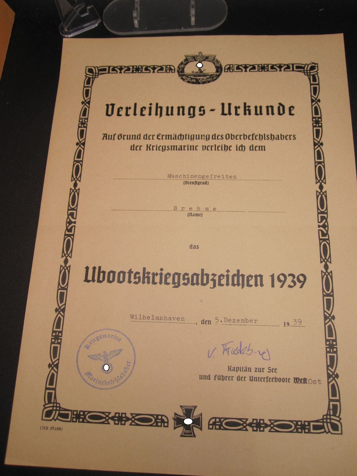 Urkunde U-Bootkriegsabzeichen der Kriegsmarine