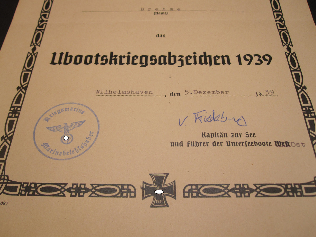 Urkunde U-Bootkriegsabzeichen der Kriegsmarine