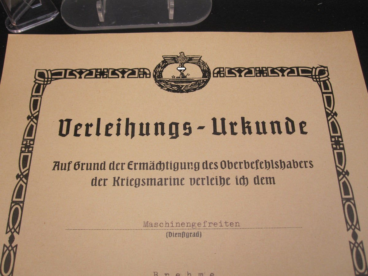 Urkunde U-Bootkriegsabzeichen der Kriegsmarine