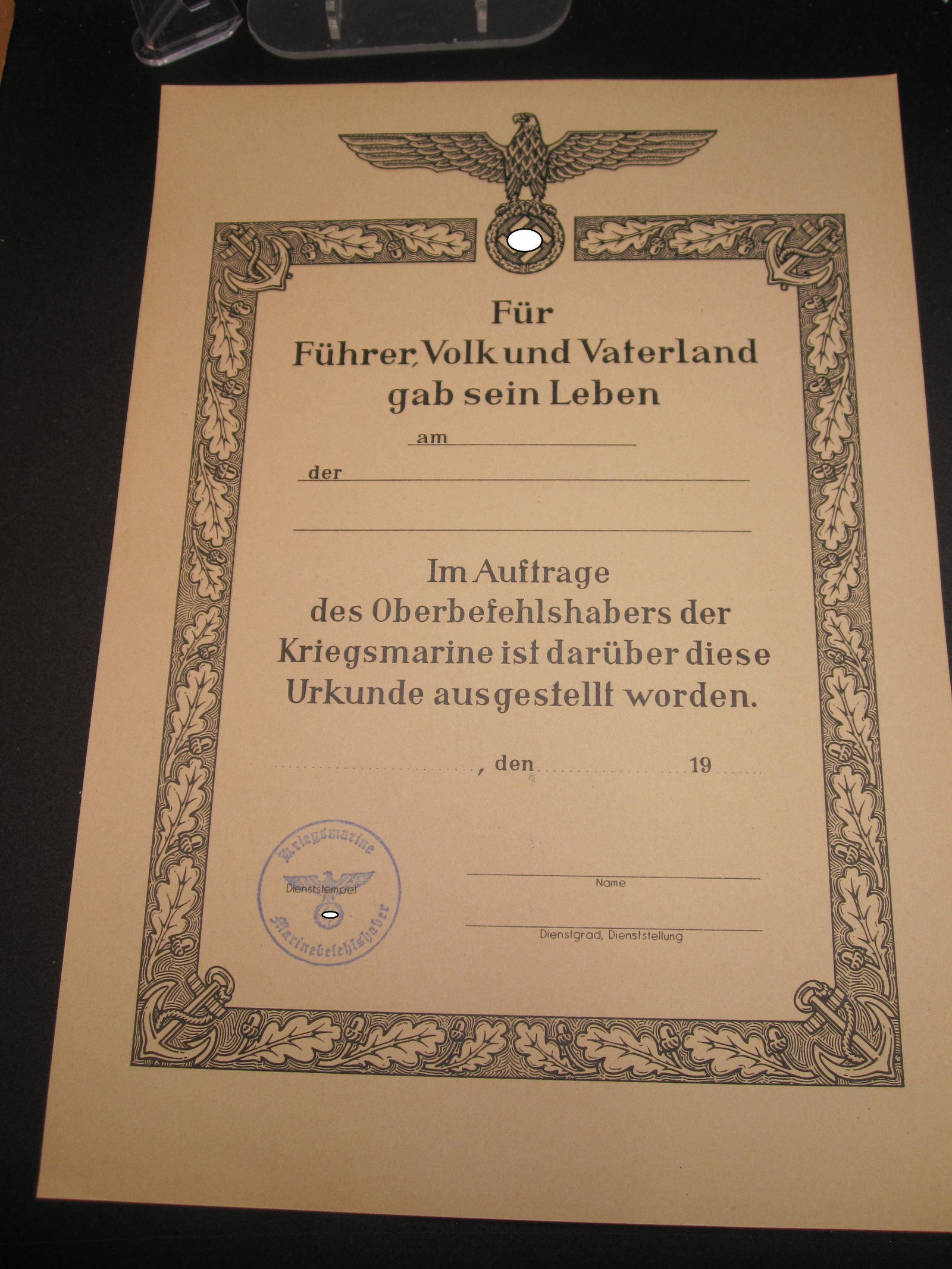 BLANKO Gefallenenurkunde der Kriegsmarine