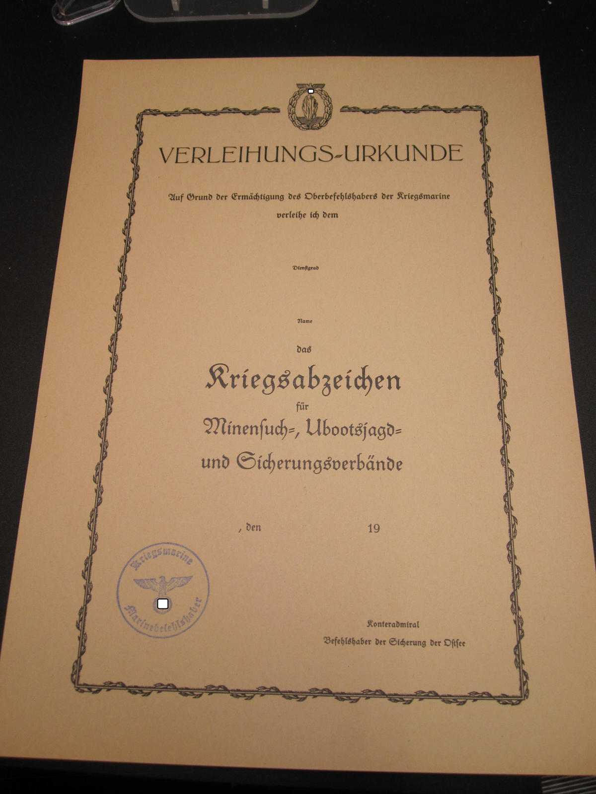 BLANKO Urkunde Kriegsabzeichen für Minensuch- U-Bootjagd und Sicherungsverbände