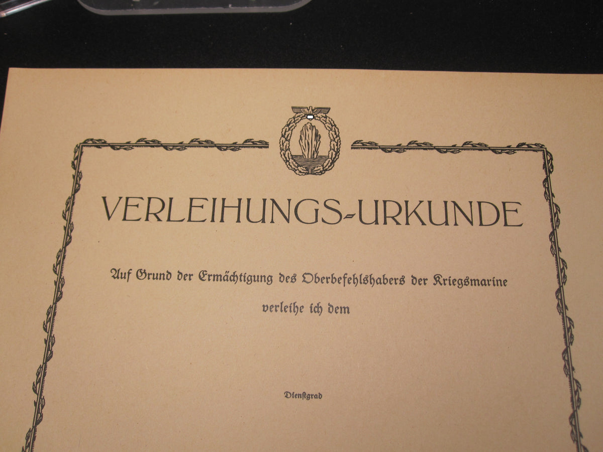 BLANKO Urkunde Kriegsabzeichen für Minensuch- U-Bootjagd und Sicherungsverbände