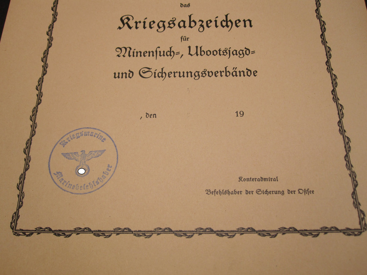 BLANKO Urkunde Kriegsabzeichen für Minensuch- U-Bootjagd und Sicherungsverbände