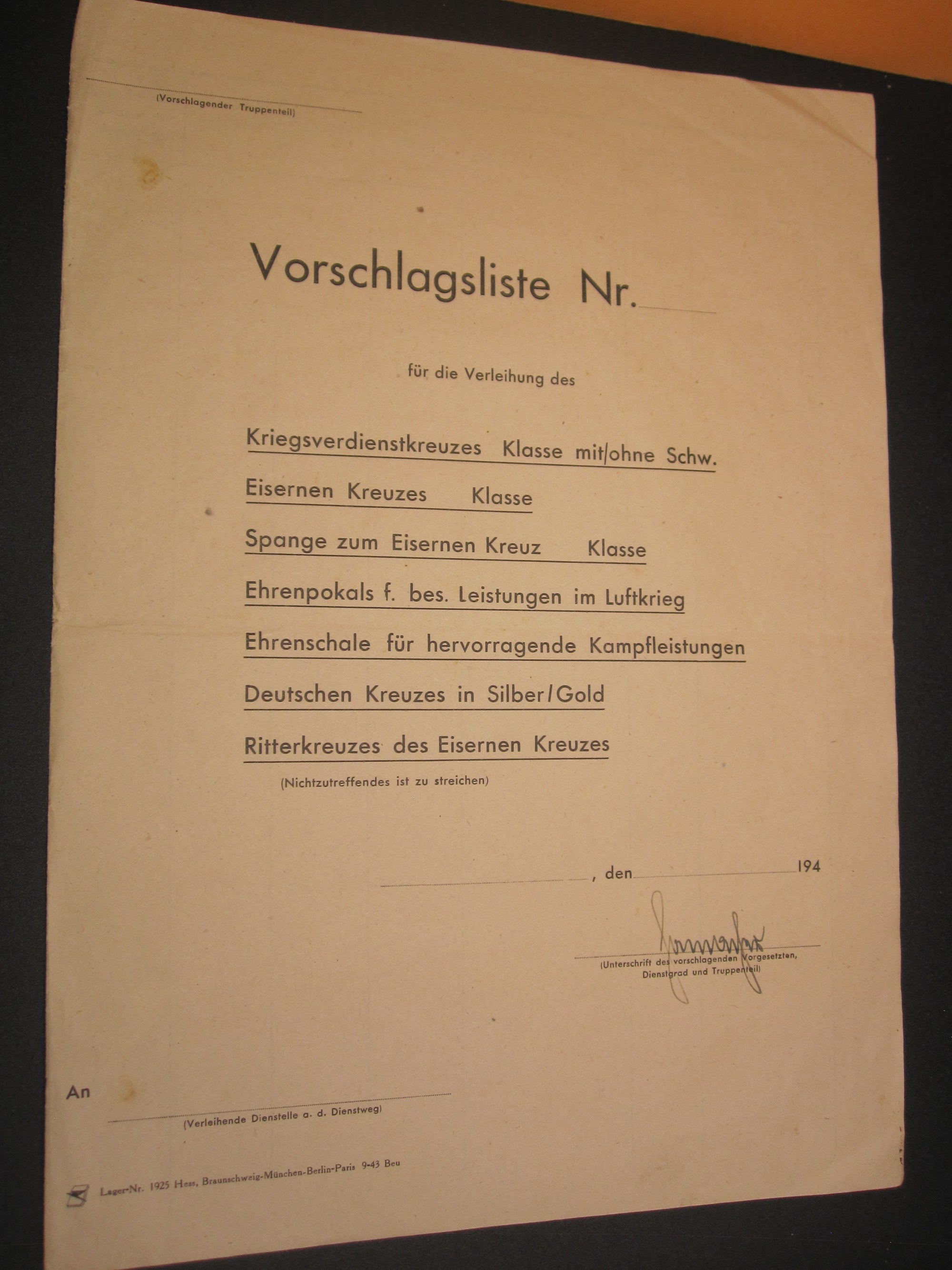 BLANKO - Vorschlagliste für Ritterkreuz Deutsches Kreuz etc etc