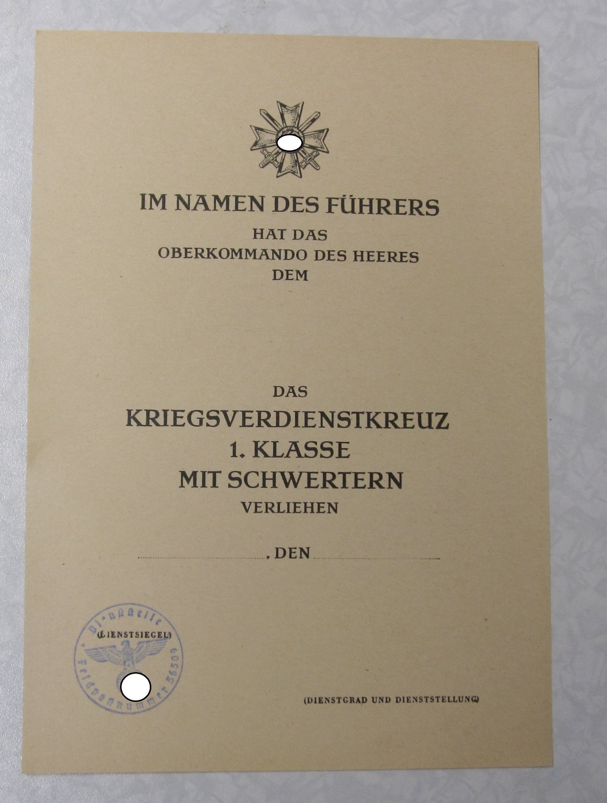 BLANKO - Urkunde Kriegsverdienstkreuz 1.Klasse mit Schwertern