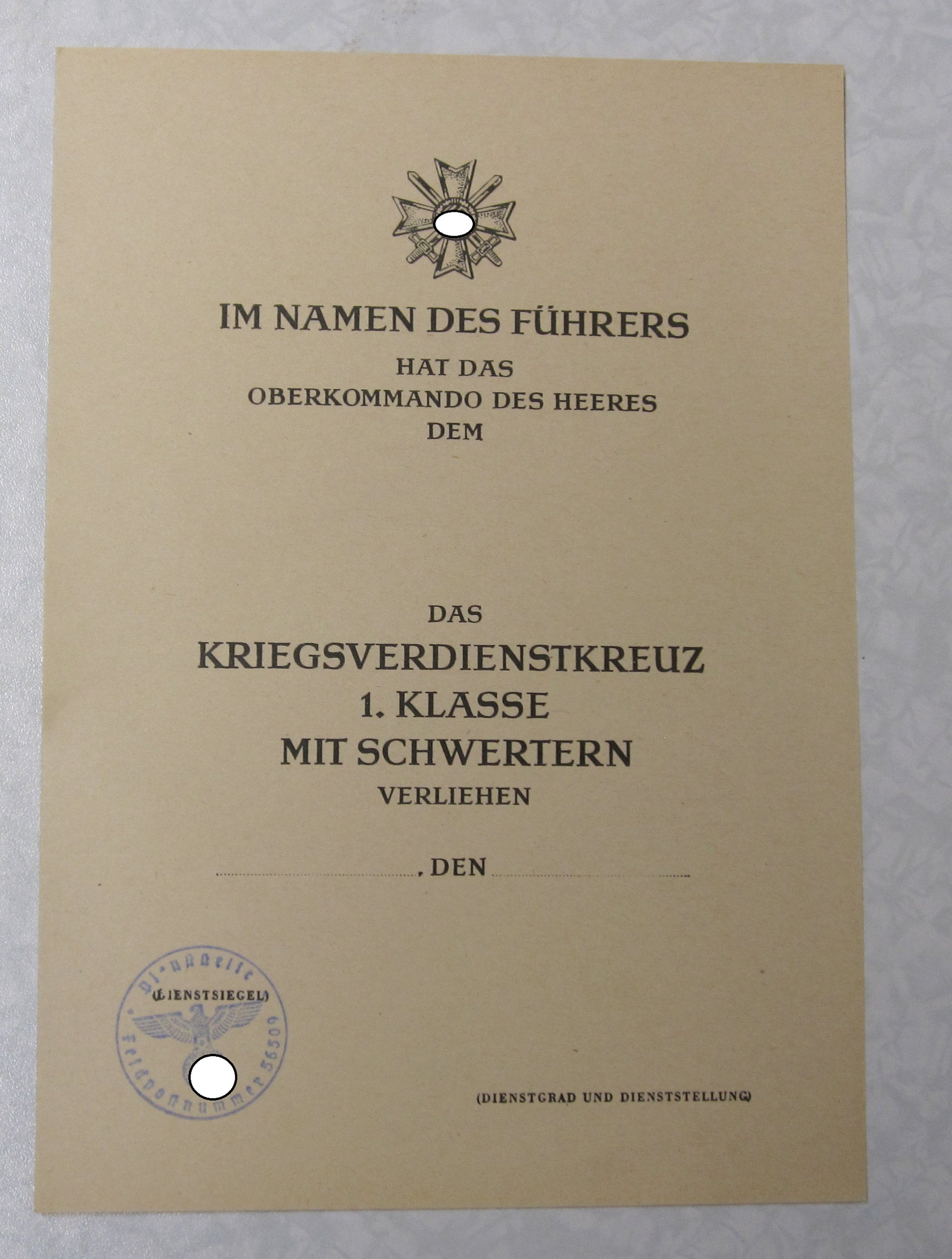 BLANKO - Urkunde Kriegsverdienstkreuz 1.Klasse mit Schwertern