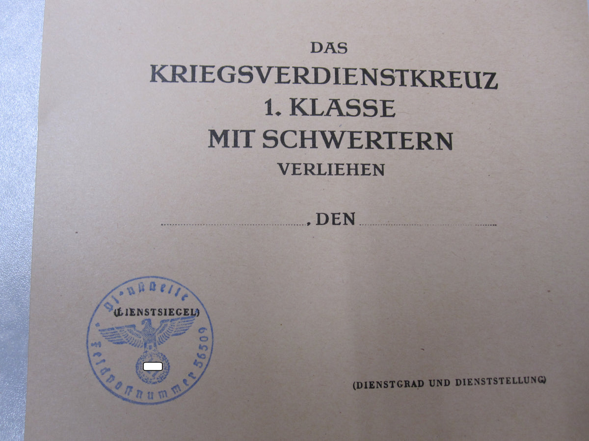 BLANKO - Urkunde Kriegsverdienstkreuz 1.Klasse mit Schwertern