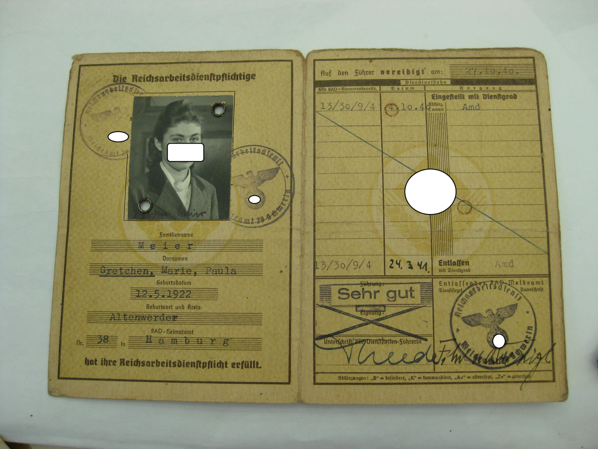 Arbeitsdienstpaß weiblicher Reichsarbeitsdienst (RADwJ)1940