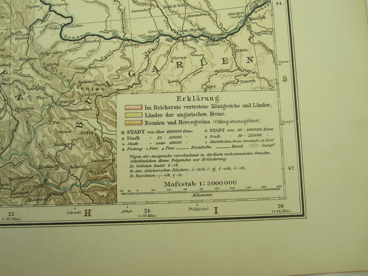 Original Landkarte Österreich / Ungarn Walachei Serbien Bosnien Russland Deutschland  k.u.k. etc etc