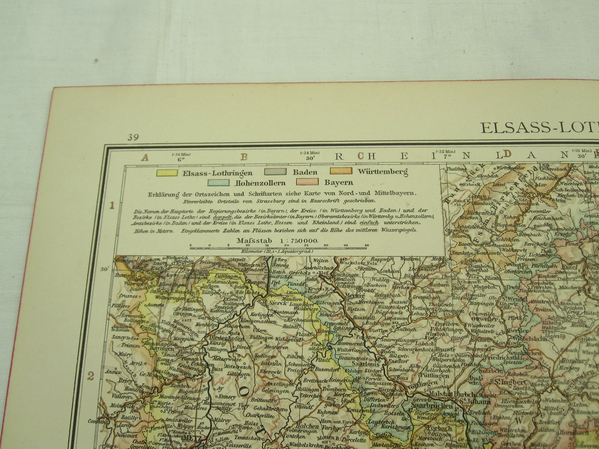 Original Landkarte Elsass - Lothringen Baden Württemberg und Rheinpfalz Deutschland etc etc