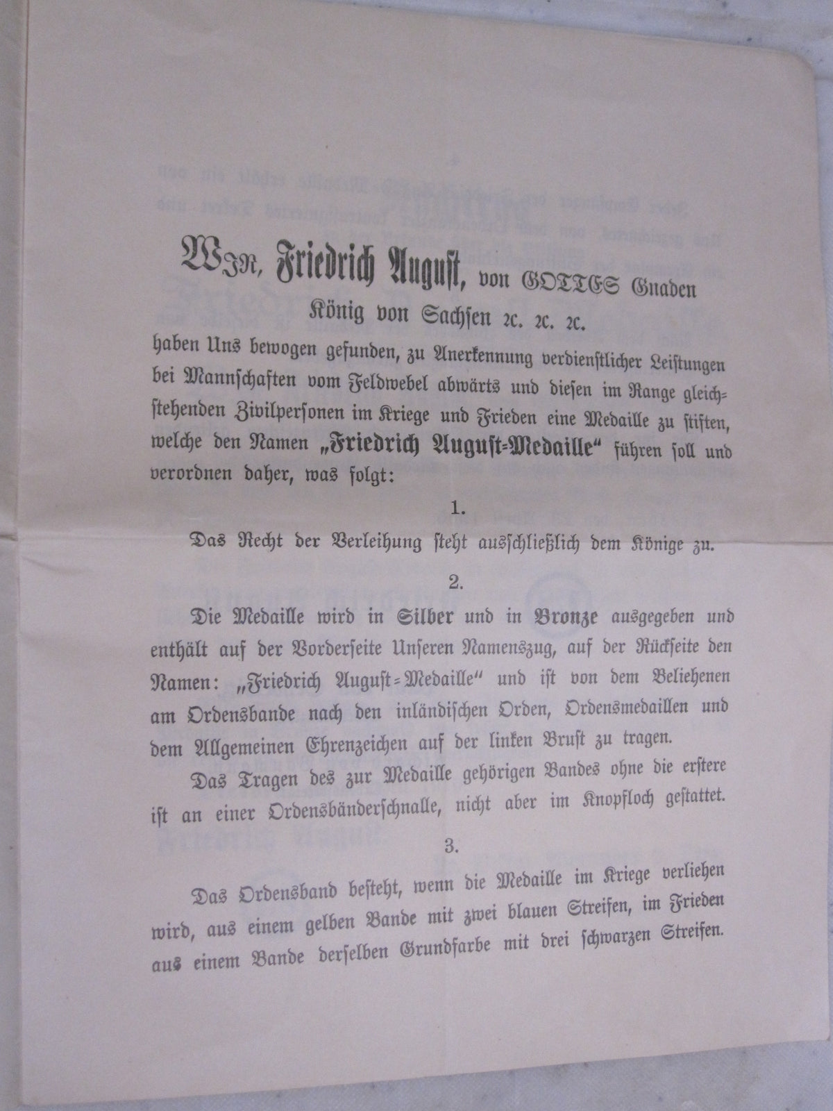 Urkunde über die Stiftung der Friedrich August Medaille / Sachsen