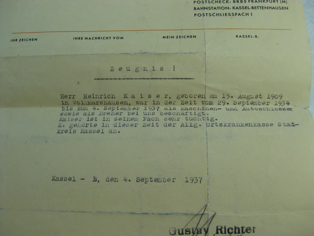 Verleihungsurkunde zur Kriegsverdienstmedaille &amp; Wehrpaß Kassel