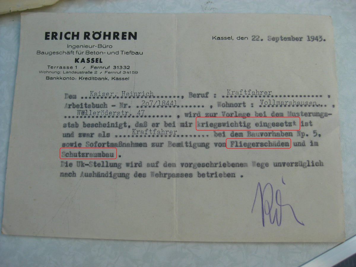 Verleihungsurkunde zur Kriegsverdienstmedaille &amp; Wehrpaß Kassel