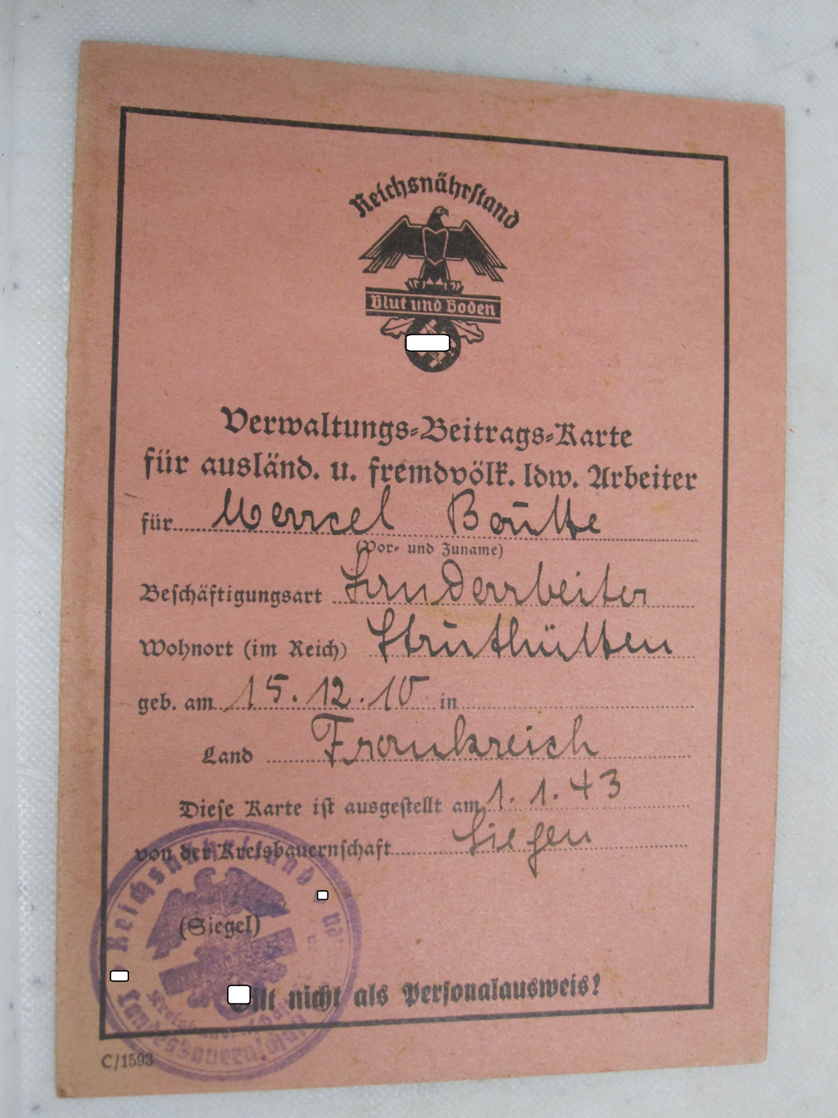 Beitragskarte Reichsnährstand Siegen 1943