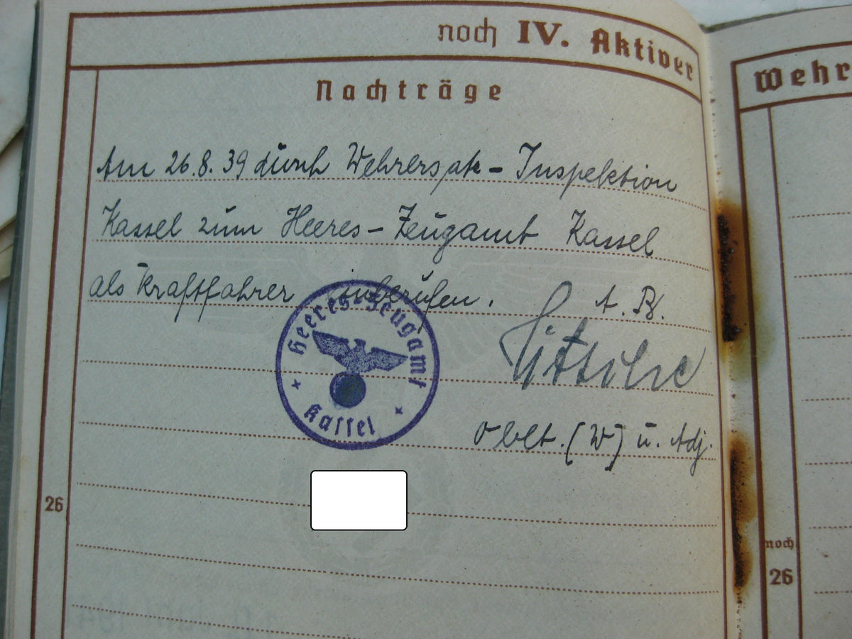 Verleihungsurkunde zur Kriegsverdienstmedaille &amp; Wehrpaß Kassel