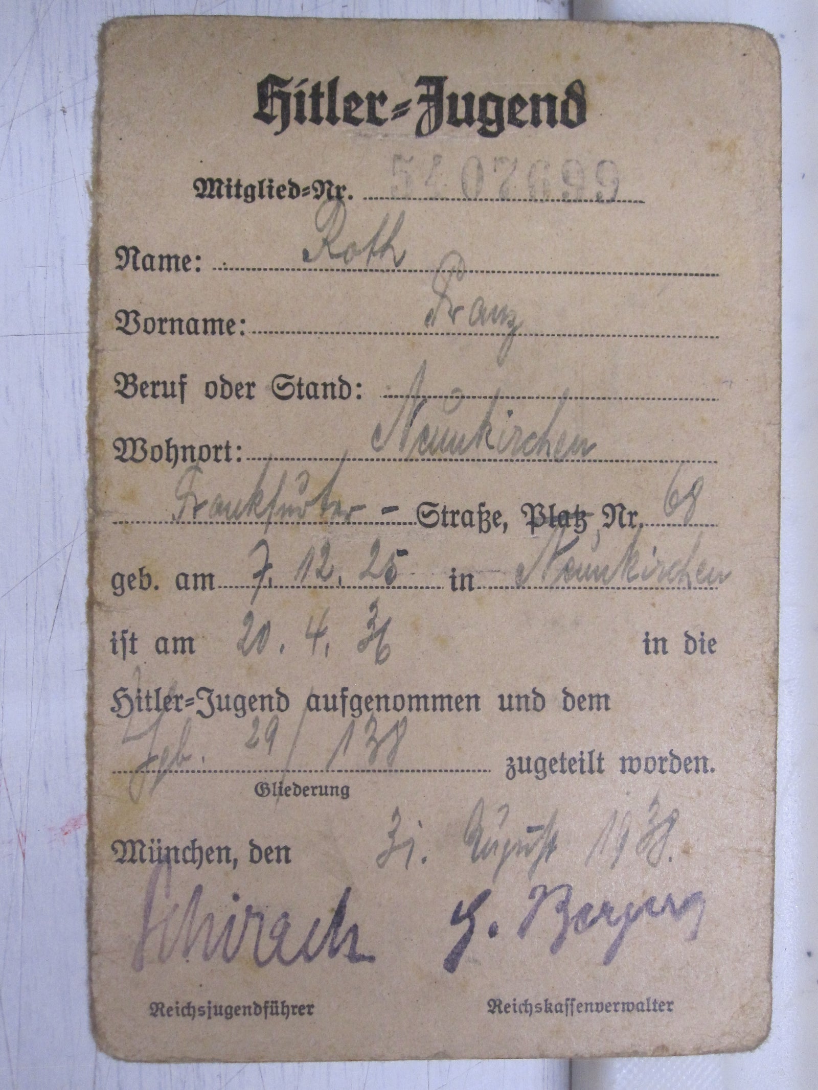 Mitgliedsausweis Hitlerjugend (HJ)