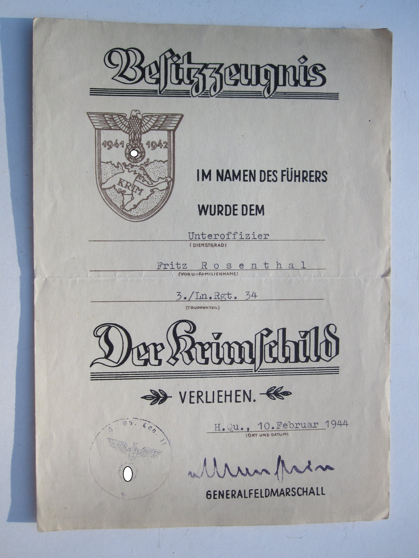Besitzzeugnis Krimschild Verleihungsurkunden Luftwaffe