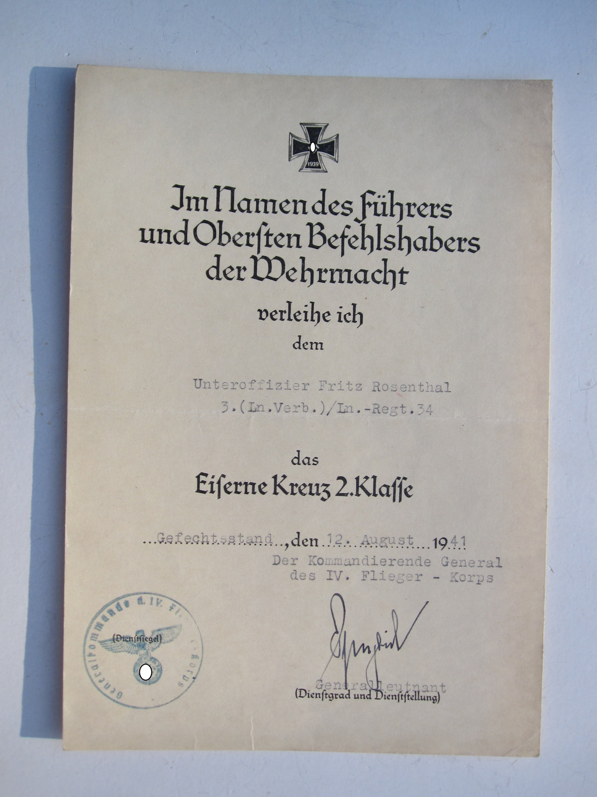 Besitzzeugnis Krimschild Verleihungsurkunden Luftwaffe