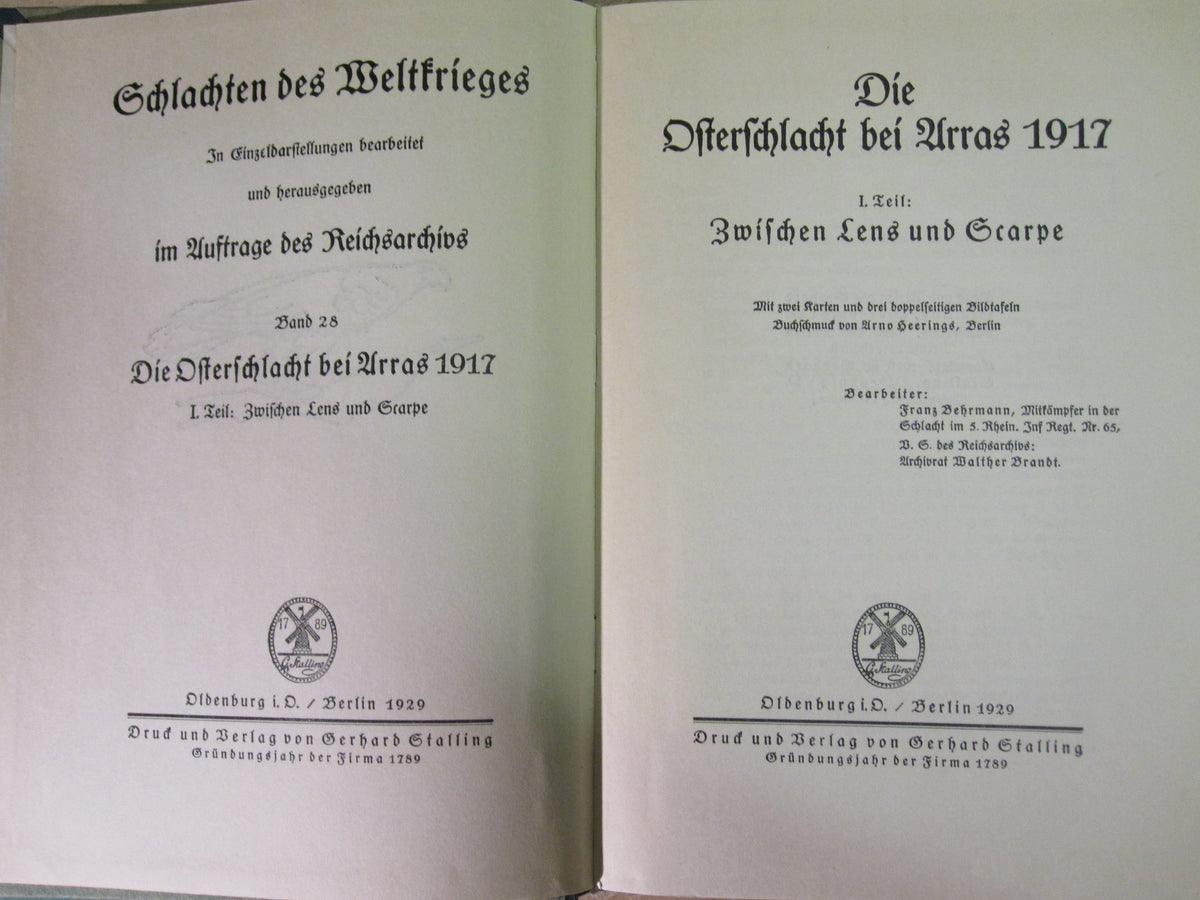 Buch Reichsarchiv OSTERSCHLACHT BEI ARRAS 1917 1.Weltkrieg Westfront