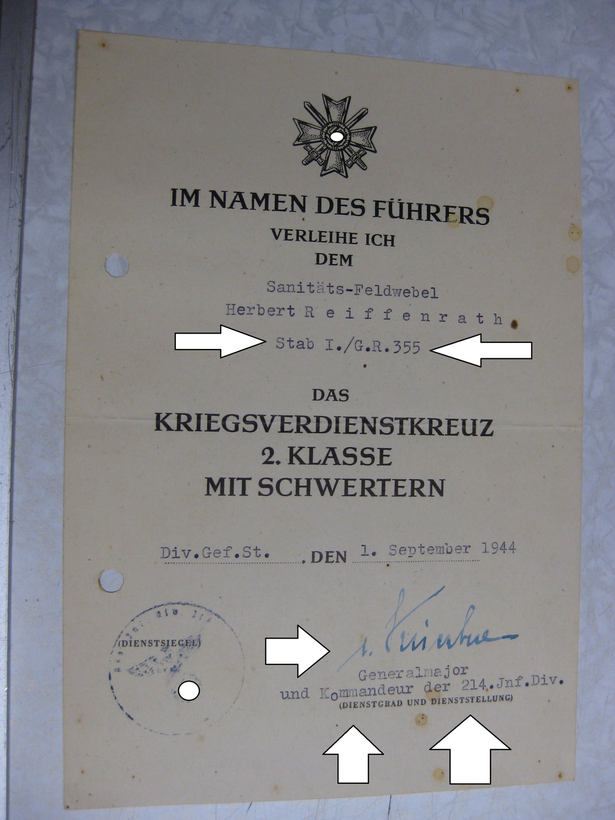 Besitzzeugnis Verleihungsurkunde Verwundetenabzeichen Infanterie Sanitätstruppe Wehrmacht