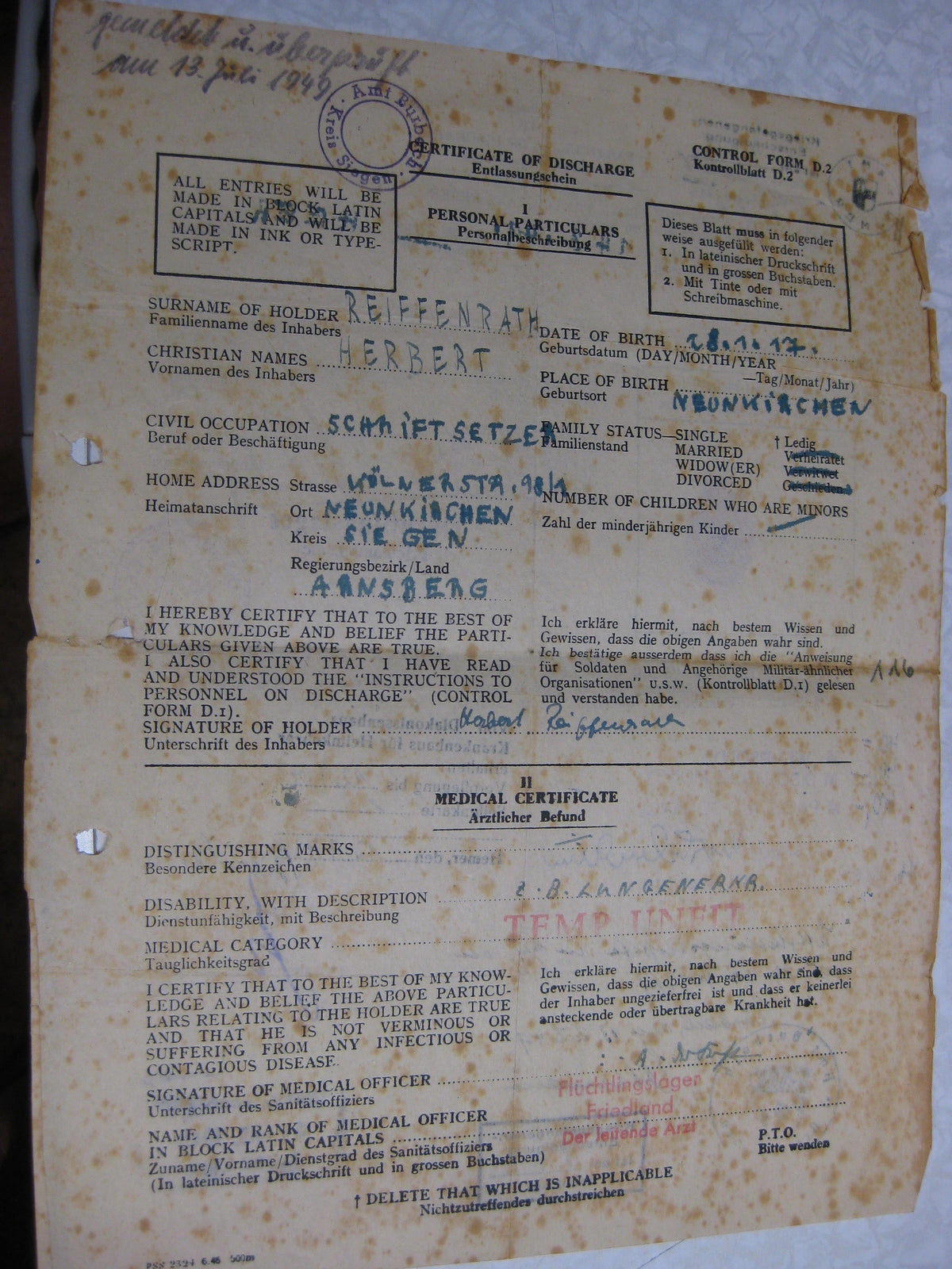 Besitzzeugnis Verleihungsurkunde Verwundetenabzeichen Infanterie Sanitätstruppe Wehrmacht