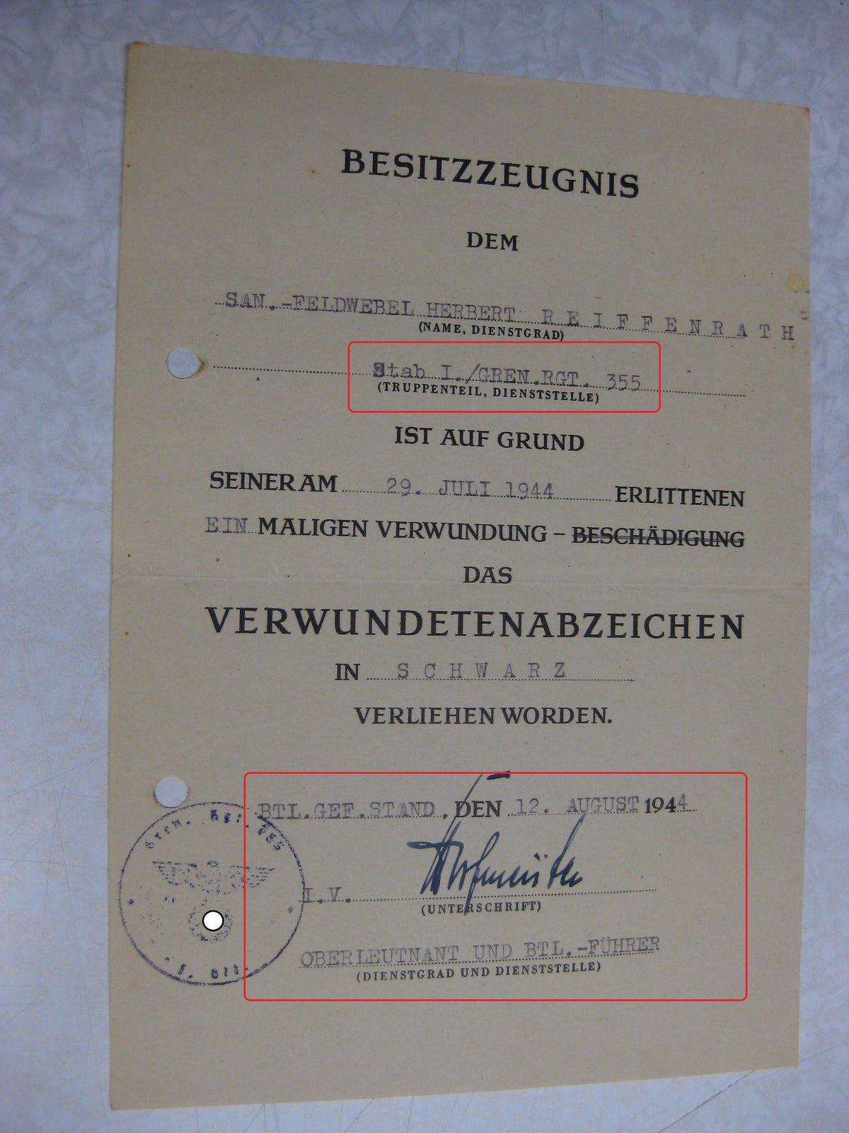 Besitzzeugnis Verleihungsurkunde Verwundetenabzeichen Infanterie Sanitätstruppe Wehrmacht