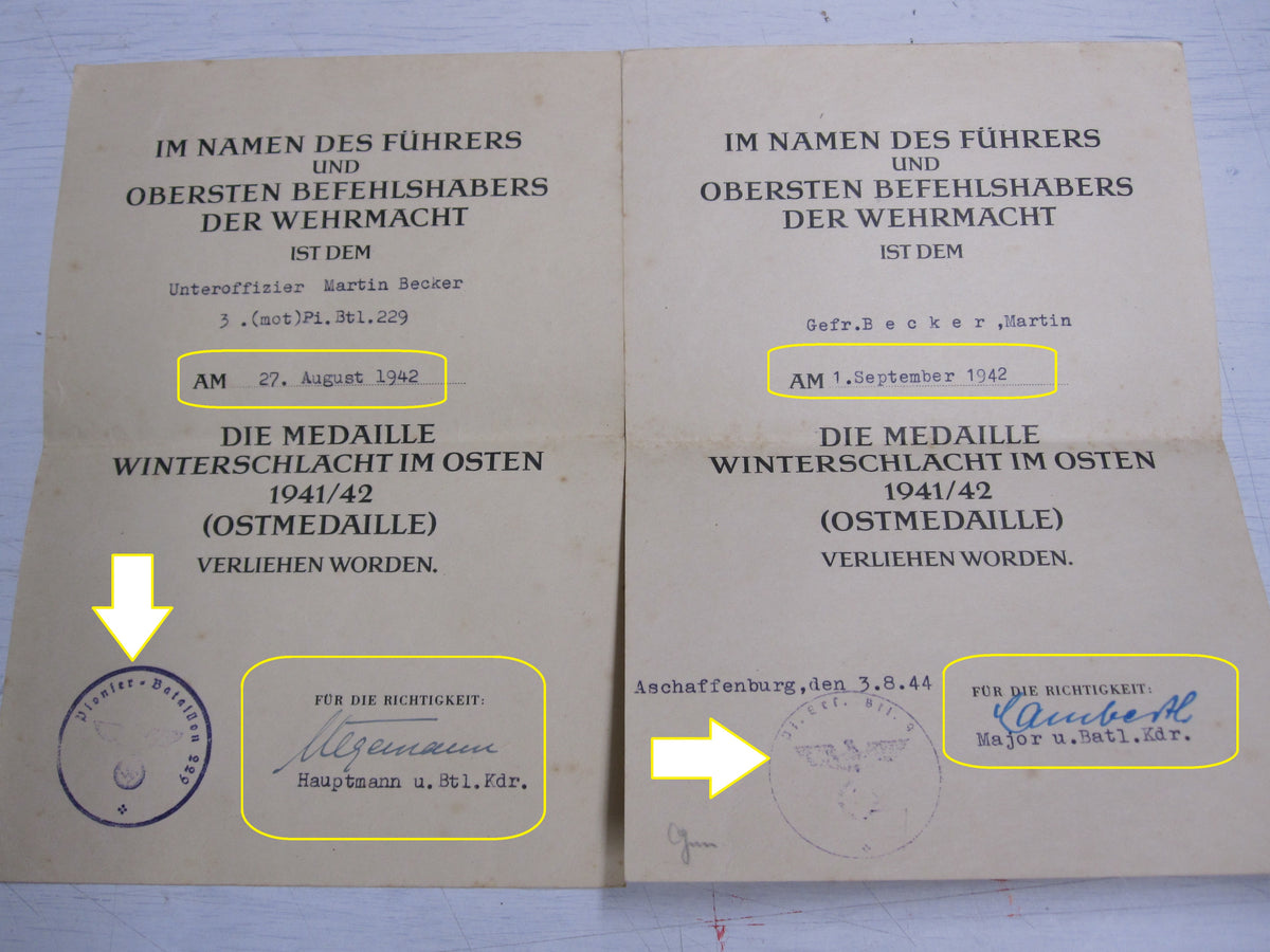 !! DOPPELVERLEIHUNG!! 2X Besitzzeugnis Verleihungsurkunde Ostmedaille Soldbuch Pioniertruppe