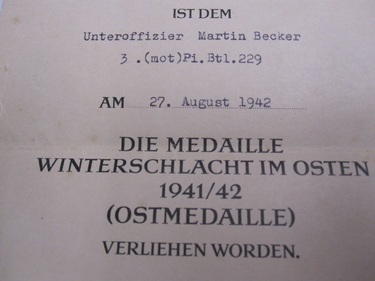 !! DOPPELVERLEIHUNG!! 2X Besitzzeugnis Verleihungsurkunde Ostmedaille Soldbuch Pioniertruppe
